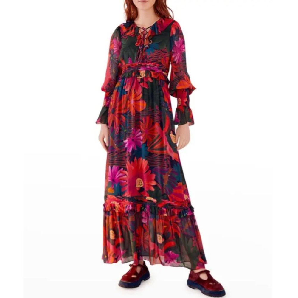 Farm Rio | Bird Flowers Multicolor Tiered Maxi Dress